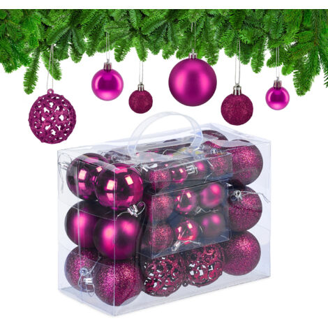 Relaxdays Set 50 Bolas Navidad, Decoración Navideña Mate, Brillante, Reluciente, Adorno Árbol, 3 Tamaños, Fucsia