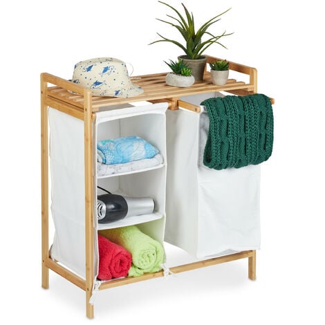 Cesto para ropa de bambú 72L con saco interior, color natural, rectangular,  con tapa y asa