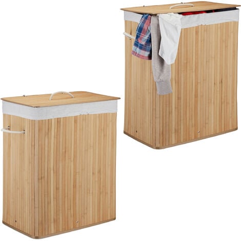 Cesto Ropa Sucia con Tapa y 2 Compartimentos, Cubo Colada Plegable,  Canasta, Bambú, 95 L, Blanco