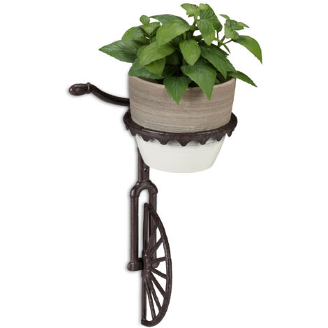 2 Soportes Macetas Pared con Forma de Bicicleta, Hierro fundido, Marrón Oscuro, Ø 13 cm