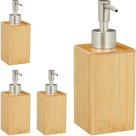 4 Dispensadores Jabón, Rellenables, Botella con Bomba, Bambú y Plástico, 200 ml, Portajabones, Baño, Natural y Plateado
