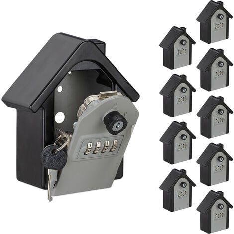 10 Guarda Llaves Casa, Código 4 Dígitos, Caja Seguridad Pared,  Aluminio-Acero, 15x13,5x7 cm, Negro/