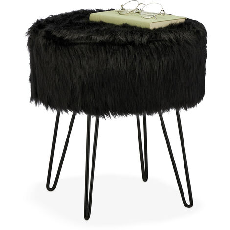 Relaxdays Taburete Pelo Sintético, Asiento Diseño Nórdico, Patas Horquilla, Tocador, Salón, Reposapiés 41 x 37 cm, Negro (1/5)