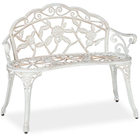 Banco De Jardín Relaxdays 2 Plazas - Estilo Retro Con Rosas, Hierro Fundido Y Aluminio, 78x98x55.5 Cm | Verde Y Blanco