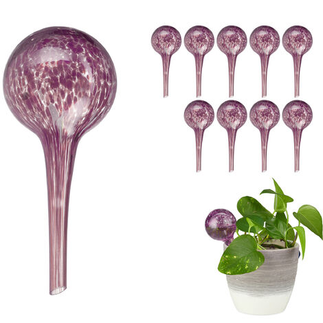 Set 10 Globos Riego, Sistema Autorriego Maceta, Estaca Regar Planta Interior y Exterior, Oficina, Ø 6cm, Vidrio, Púrpura