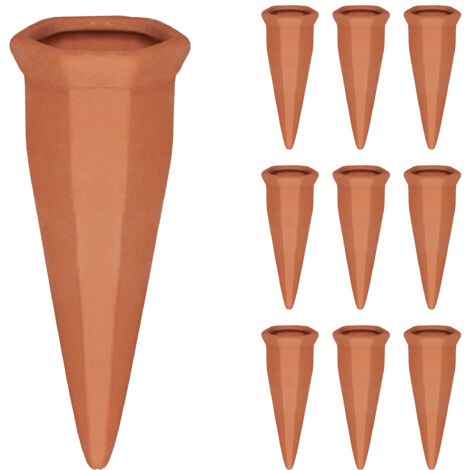 Relaxdays 10 Picos Riego Plantas, Cono Regar Maceta, Sistema Autorriego con Botellas 1L, Arcilla, 13x5x4,5 cm, Terracota