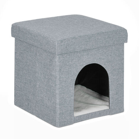 Relaxdays Casa Cueva Gato Taburete Cubo, Cama con Cojín Perros Pequeños, Refugio Mascota, 38,5 x 37 x 37 cm, Gris Claro (1/5)