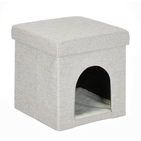 Relaxdays Cama Cueva para Gatos con Taburete, Escondite con Cojín Gatitos, Perros Cachorros, MDF, 38,5x37x37 cm, Beige (1/5)
