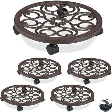 5 Soportes para Macetas con Ruedas, Base Redonda de Interior y Exterior, Ø 38 cm, Aluminio, Marrón