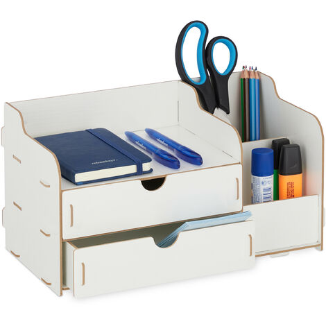 Relaxdays Organizador Escritorio Cajones y Compartimentos, Portalápices, 17 x 33 x 19 cm, Caja Oficina, Color Blanco (1/5)