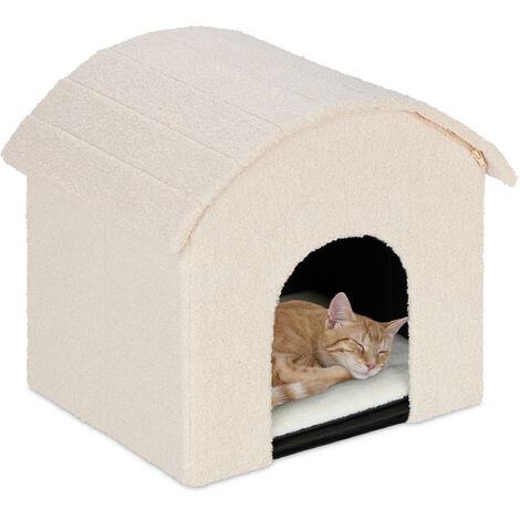 Relaxdays Casa Gato Plegable con Techo Abovedado, Cueva Gatito Rascador Integrado, Cama Mullida, 44 x 48 x 41 cm, Beige (1/5)