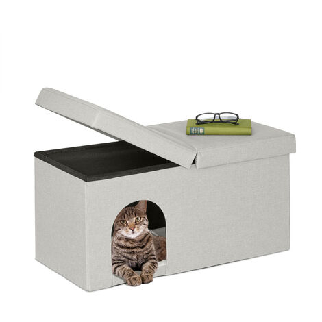 Relaxdays Casa Gato con Banco Rectangular, Cueva Gatito Plegable, Escondite Perro, Robusta, MDF, 38,5x74,5x37 cm, Beige