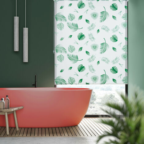 Relaxdays Cortina Enrollable Ducha Hojas, Estor Baño Repelente Agua,  Sujeción Techo/Ventana, 100x240cm, Blanco/Verde