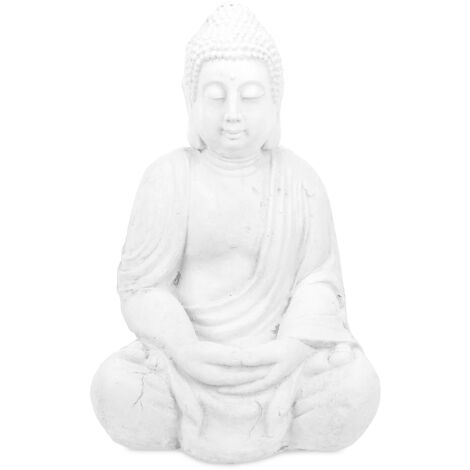 Relaxdays Figura Buda Sentado, 70 cm, Decoración Jardín XL, Resistente Intemperie y Heladas, Escultura Exterior, Blanco