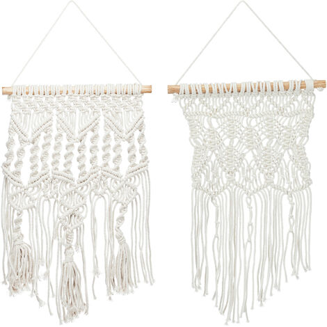 Relaxdays Pack 2 Tapices Macramé Artesanales Pared, Adorno Estilo Bohemio, Diferentes Patrones, Algodón y Madera, Crema