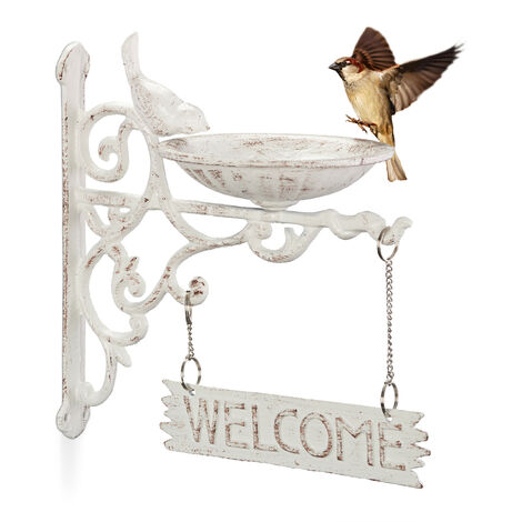 Relaxdays bebedero para aves de hierro fundido, letrero WELCOME, decoración jardín, montaje mural, vintage, blanco