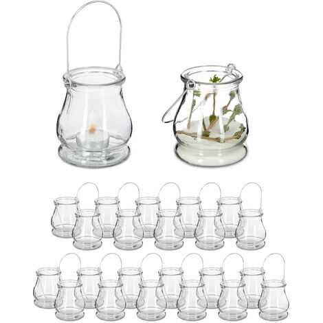 Set de 24 Portavelas Cristal, Asa para Colgar, Interior y Exterior, Porta Velas de Té, 10x8,5cm, Transparentes
