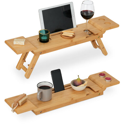 Relaxdays Bandeja Bañera Bambú, 70 cm Ancho, Soporte para Tablet, Móvil, Copa de Vino, Tabla Baño con Patas, Natural