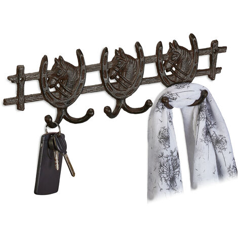 Relaxdays Perchero Pared Caballos, Hierro Fundido, 11 x 36,5 x 3,5
