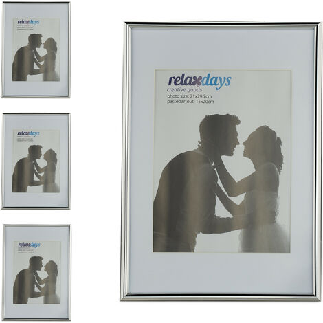 Set 4 Marcos Fotos, Formato A4, Cuadro para Láminas, Gráficos, para Pared o Sobremesa, Paspartú y Placa de Vidrio, Plata