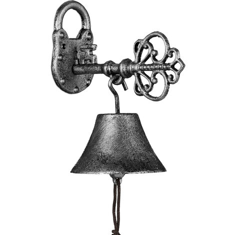 Relaxdays Campana Pared Diseño Llave, Estilo Envejecido, Hierro Fundido, con Cuerda, Timbre Exterior, Negro y Plateado