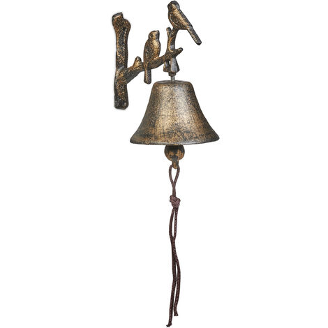 Relaxdays Campana Pared Rama Pajaritos, Timbre Jardín con Cuerda, 20 x 10 x 13 cm, Campanilla Mural, Retro, Color Bronce