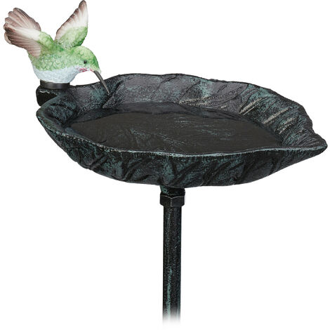 Relaxdays Bebedero Pájaros Piqueta Hierro Fundido, Decoración Jardín, 100,5 x 13,5 x 19 cm, Bañera Aves, Verde Oscuro (1/5)
