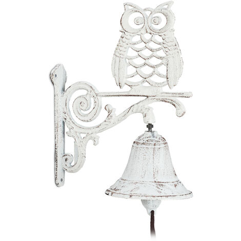 Relaxdays Campana Pared Hierro Fundido Búho, Efecto Antiguo, Cuerda, para Exterior, Decoración Jardín, Color Blanco