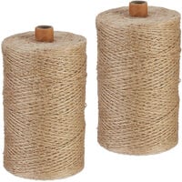 Relaxdays Cuerda de Yute de 1 mm, 2 Rollos de 500 m cada uno,  Biodegradable, Manualidades, Jardín, Embalaje, Natural