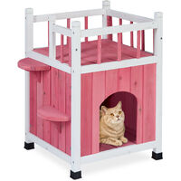 Relaxdays Casa Gatos Madera, 65,5 x 54 x 45 cm, Caseta Mascotas con 2 Plantas, Balcón y Cueva de Dormir, Rojo y Blanco