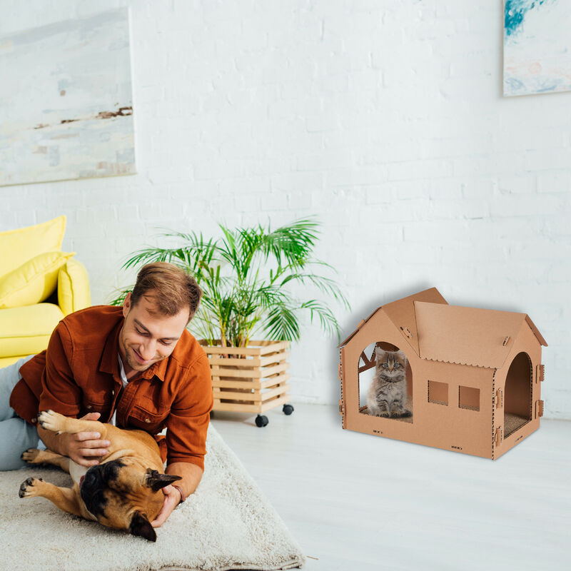 MIMIMOMO Forest Lodge Cardboard Cat House With Built-in Scratchers - 20x16x13 Inch Eco-Friendly Hideout For Cats & Small Pets