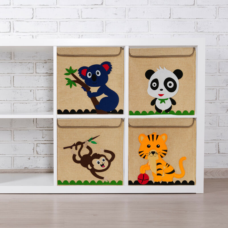 Relaxdays Storage Box for Kids Monkey Print Toy Basket Children Foldable HxWxD 33 x 33 x 33 cm Toy Box Beige Brown