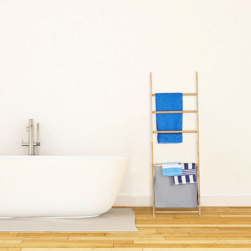 Relaxdays Bamboo Towel Rack with Basket, Wooden Laundry Hamper, HWD:  139x43.5x33cm, Natural