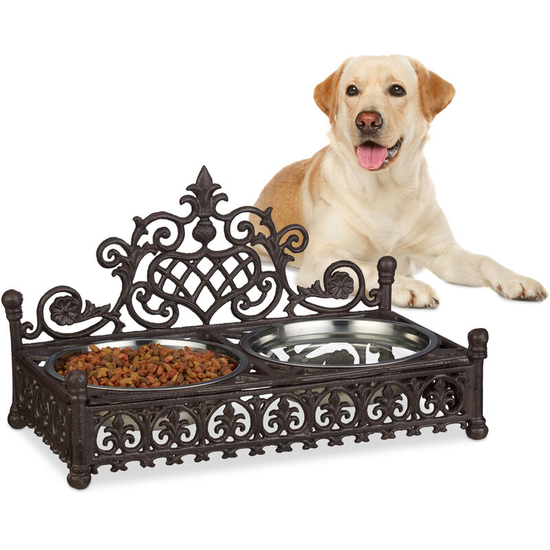 Rustic Cast Iron Dachshund Hot Dog Design Small Pet Feeder with 2