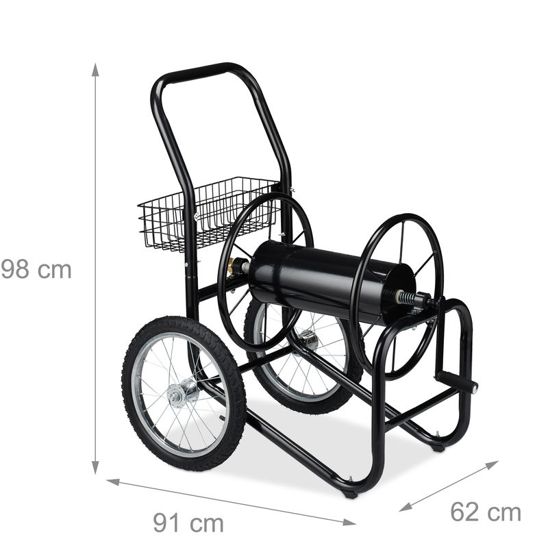 Relaxdays Hose Cart, Portable, 1/2” & 3/4” Connectors, For 90 m Garden  Hosepipe, 2 Wheels, Metal, Black