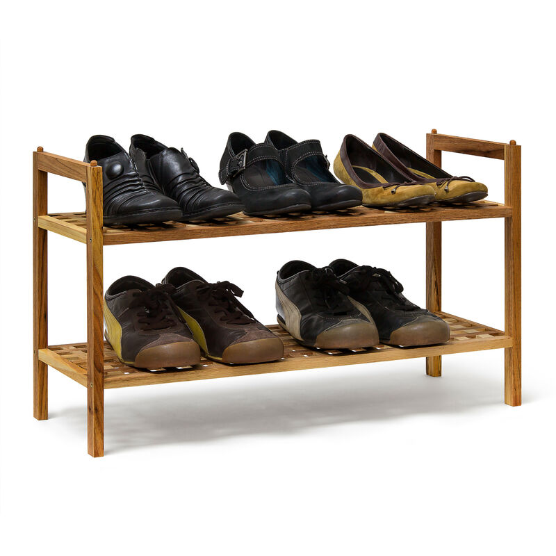 Shoe Rack 2 Tier Slated Shelf Walnut Wood Organiser Storage Stand Unit Holder 