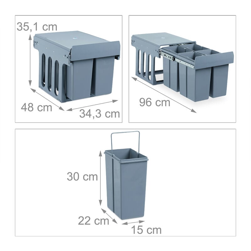 Steel PP ABS Plastic Waste Separation System Grey 8 L Relaxdays 10027285 Built-in Kitchen Bin Pull Out HWD 35 x 25 x 47 cm 