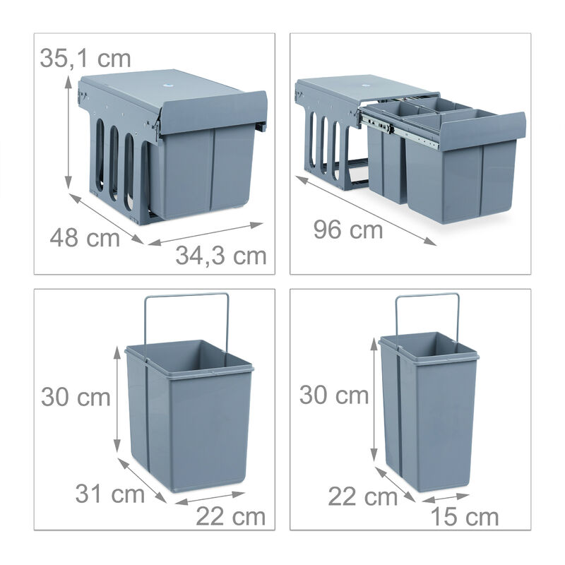 PP HWD 35 x 34 x 48 cm Pull Out Grey Steel 15 L Relaxdays 10027286 Built-in Kitchen Bin Plastic Waste Separation System ABS 