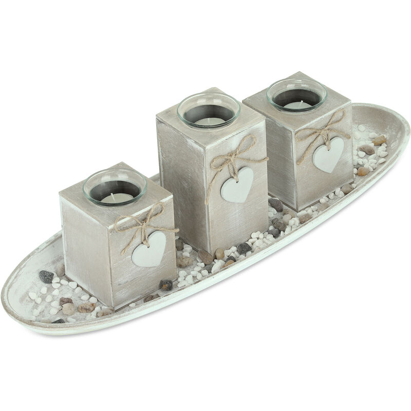 Relaxdays Tealight Holder Set with Tray & Pebbles, 39.5 cm, Table  Centrepiece, Dining Room, Candle Glasses, Grey