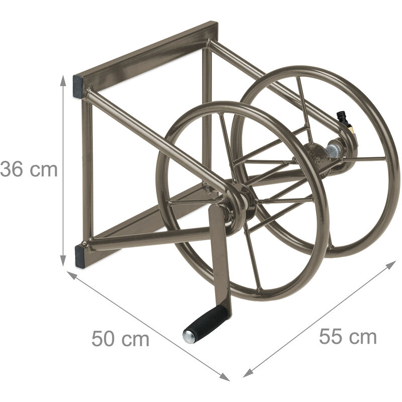 Relaxdays Hose Reel, Wall Mounted, For 60 m Hoses, 2 Click Connectors, H x  W x D: 36 x 55 x 50 cm, Steel, Brown