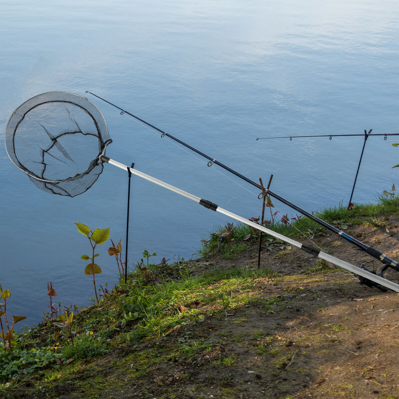 Relaxdays Fishing Landing Net, 2x Set, Telescopic Handle 60-130 cm,  Foldable, Lightweight, Round, Ø 36 cm, Black/Silver