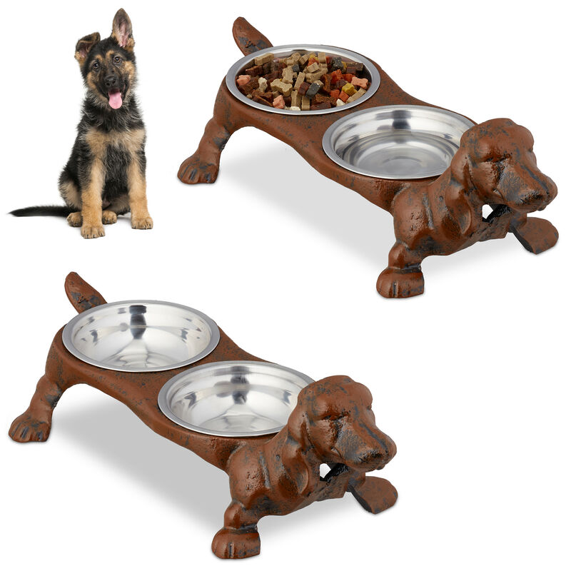 Rustic Cast Iron Dachshund Hot Dog Design Small Pet Feeder with 2