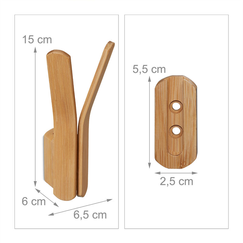 Relaxdays 10x Double Wall Hooks Bamboo, Wall-Mounting, Coat Hangers,  Clothes & Towels Rack, HWD: 15 x 6.5 x 6cm, Natural