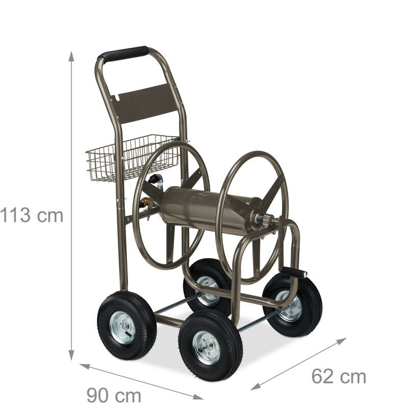 Relaxdays Hose Trolley, Up to 60 Meters, 4 Rubber Wheels, H x W x D: 81 x  53 x 80 cm, Steel, Brown