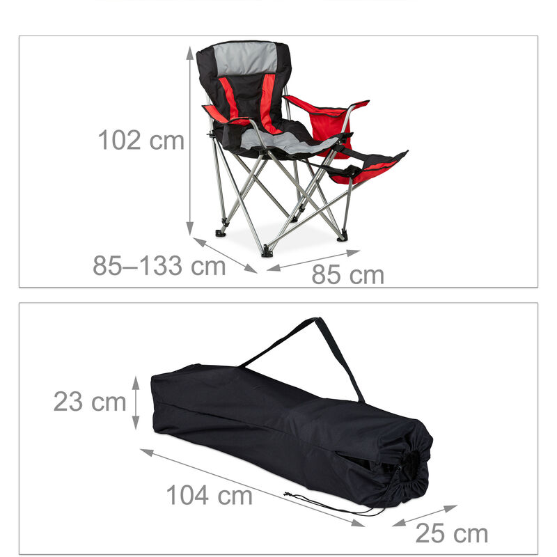 Relaxdays Camping Chair, 2x Set, Foldable, Upholstered, with Footrest,  Fishing Stool, Drink Holder, Load 150 kg, Red