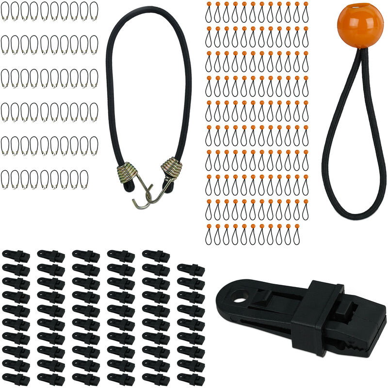 Relaxdays Set 240 Tarpaulin Fastener, Cords with Ball and Hook, Tent Clips,  Covering Sheet, Tent, Marquee, Gazebo, Black