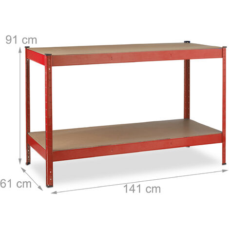 Relaxdays Workbench, 600 kg, Workshop Table, Garage, HWD: 91 x 141 x 61 cm, Steel & MDF, Tool Bench, 2 Levels, Red