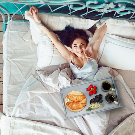 Relaxdays Folding Serving Tray, Set of 2, for Breakfast in Bed, with Legs & Handles, Bamboo & MDF, 24 x 60 x 30 cm, Grey