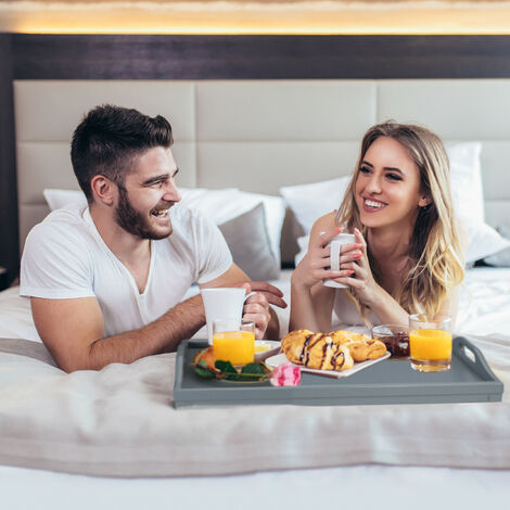 Relaxdays Folding Serving Tray, Set of 2, for Breakfast in Bed, with Legs & Handles, Bamboo & MDF, 24 x 60 x 30 cm, Grey