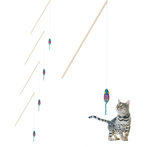 Relaxdays Cat Toy Wand with Mouse, Set of 5, 106 cm Long, Fishing Rod,  Kitten Teaser, Interactive Play, Multicoloured